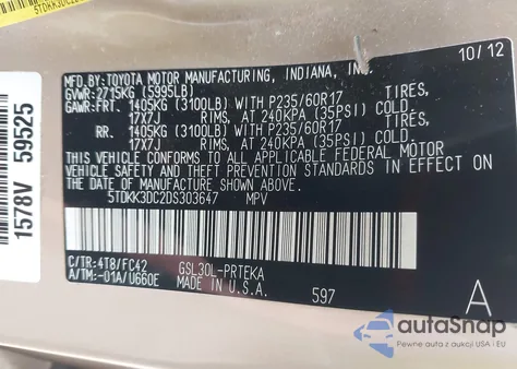 2013 Toyota Sienna Le V6 8 Passenger z USA, uszkodzony, nr VIN 5TDKK3DC2DS303647